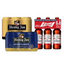 Hertog Jan Grand Pilsener of Bud
tray van 6 flesjes/blikken à 30/33 cl
of Hertog Jan pilsener
blik tray van 6 blikken à 50 cl